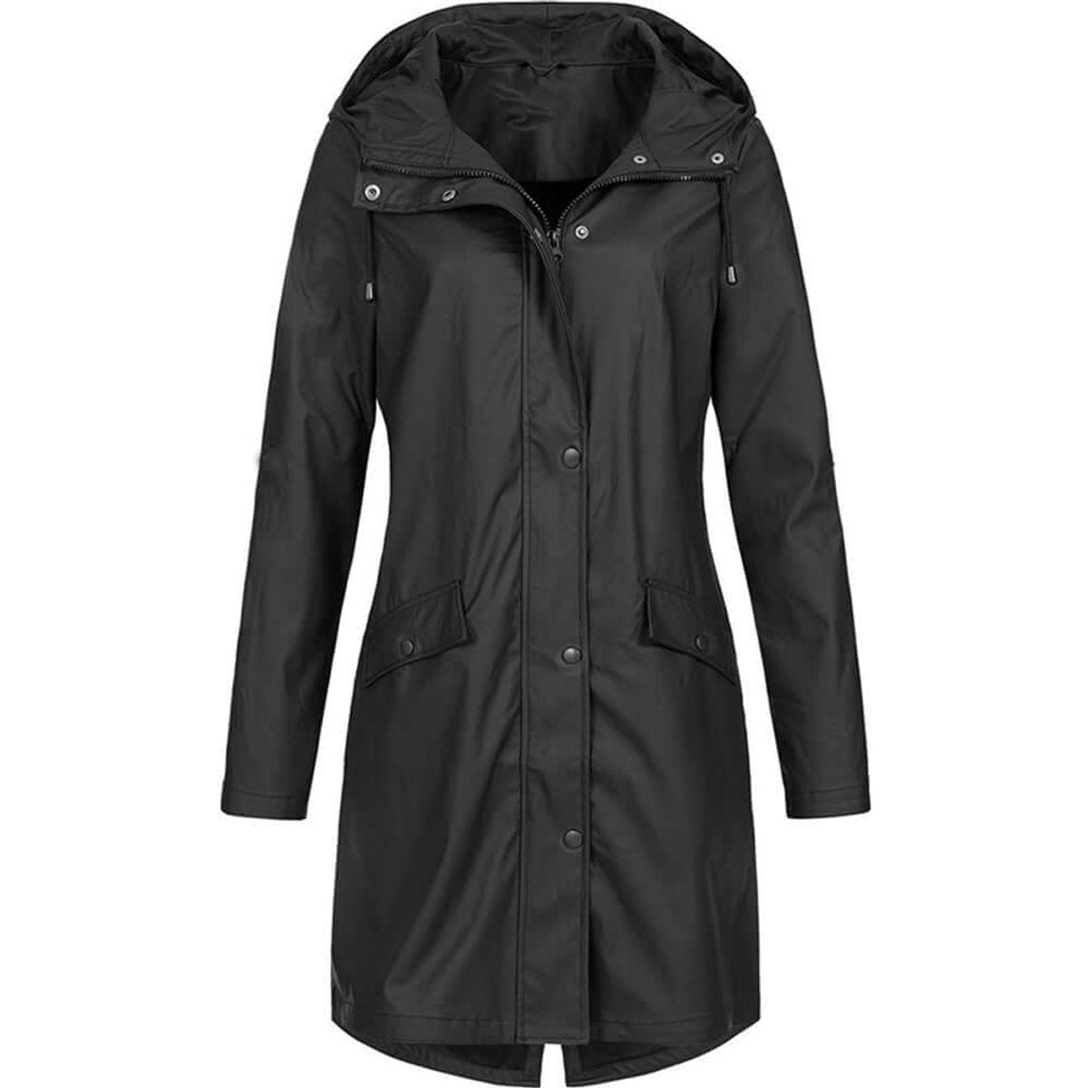 Zwarte lange regenjas met capuchon, rits en drukknopen, vooraanzicht | Boutique Moda