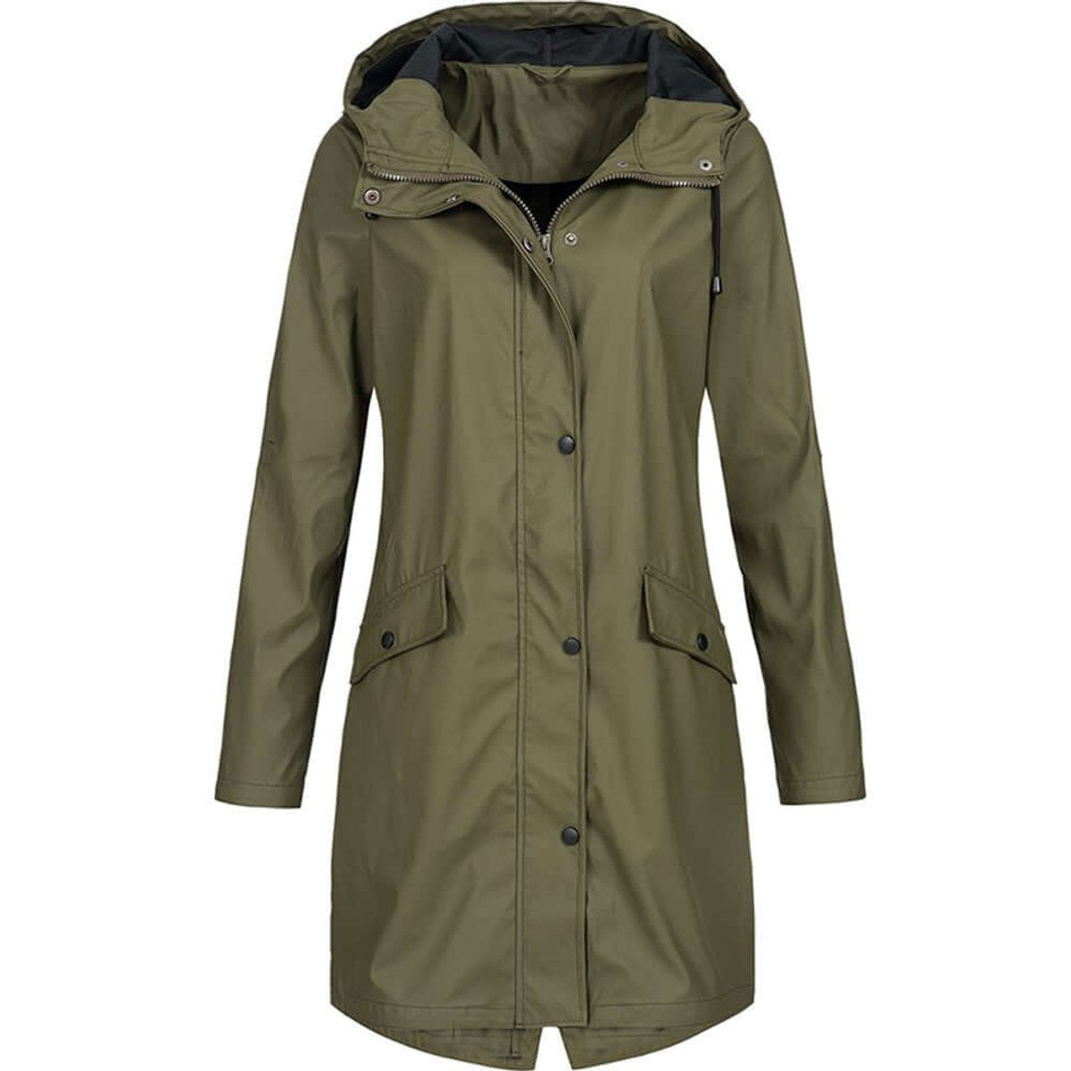 Olijfgroene lange regenjas met capuchon en klepzakken, vooraanzicht | Boutique Moda