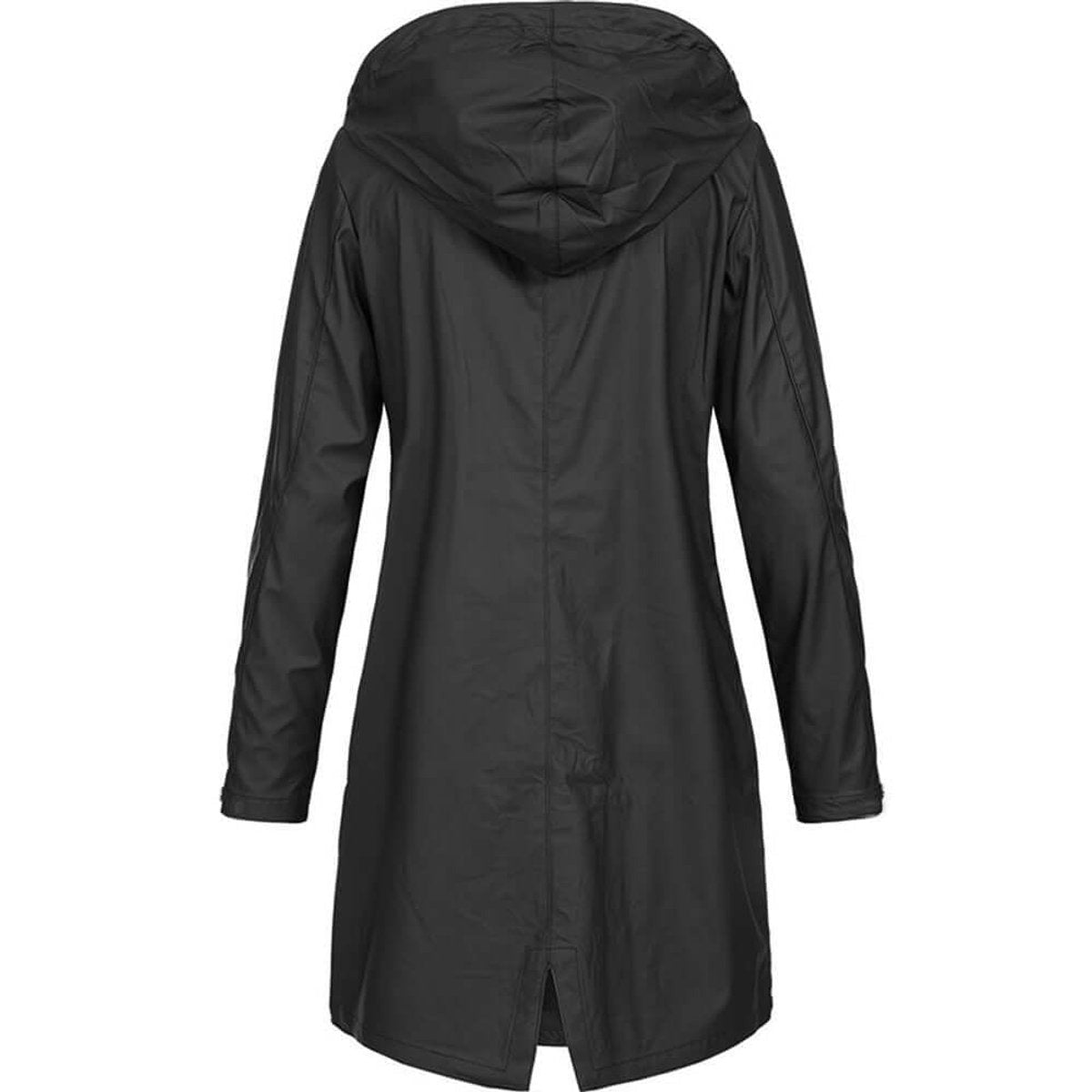 Zwarte lange regenjas, achteraanzicht met capuchon | Boutique Moda