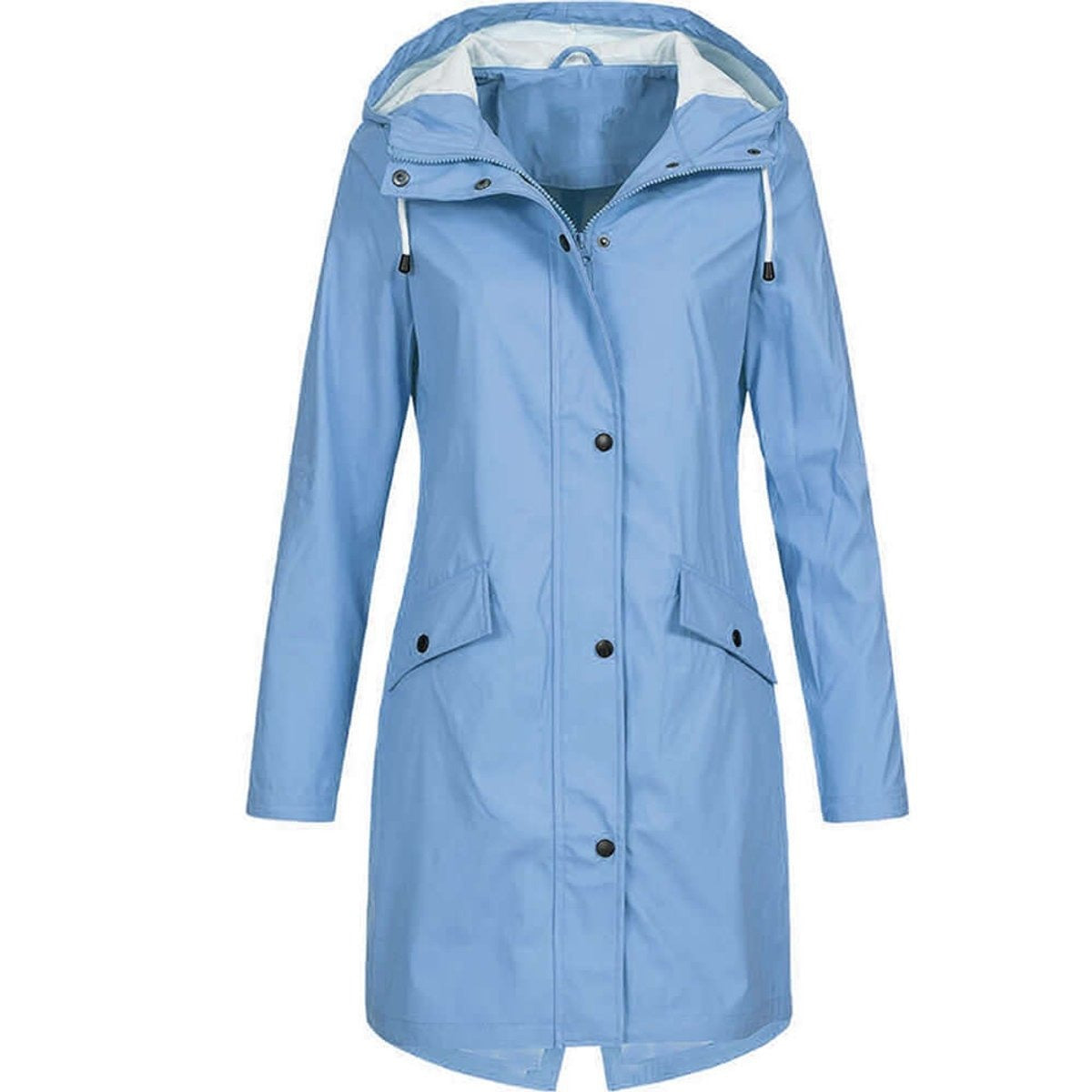 Lichtblauwe lange regenjas met capuchon en klepzakken, vooraanzicht | Boutique Moda