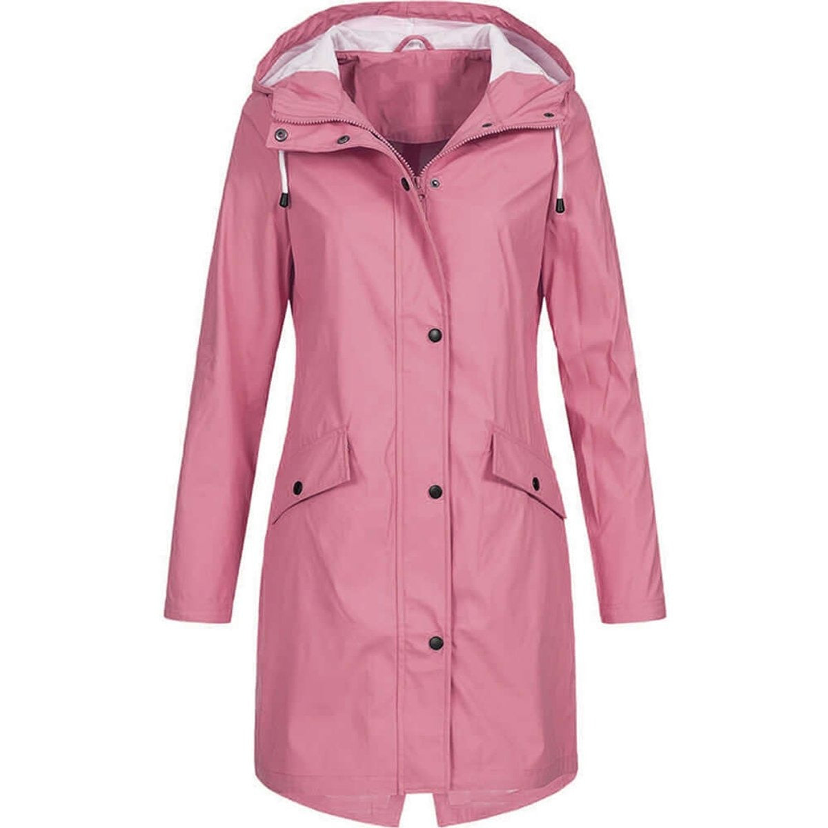 Roze lange regenjas met capuchon en klepzakken, vooraanzicht | Boutique Moda