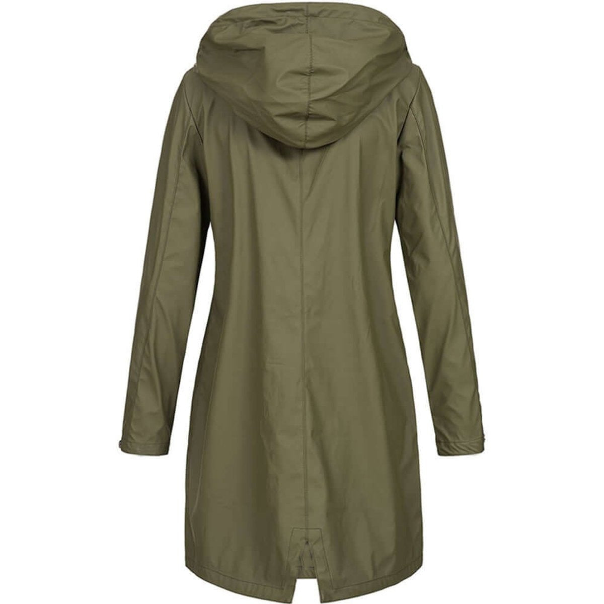 Olijfgroene lange regenjas, achteraanzicht | Boutique Moda