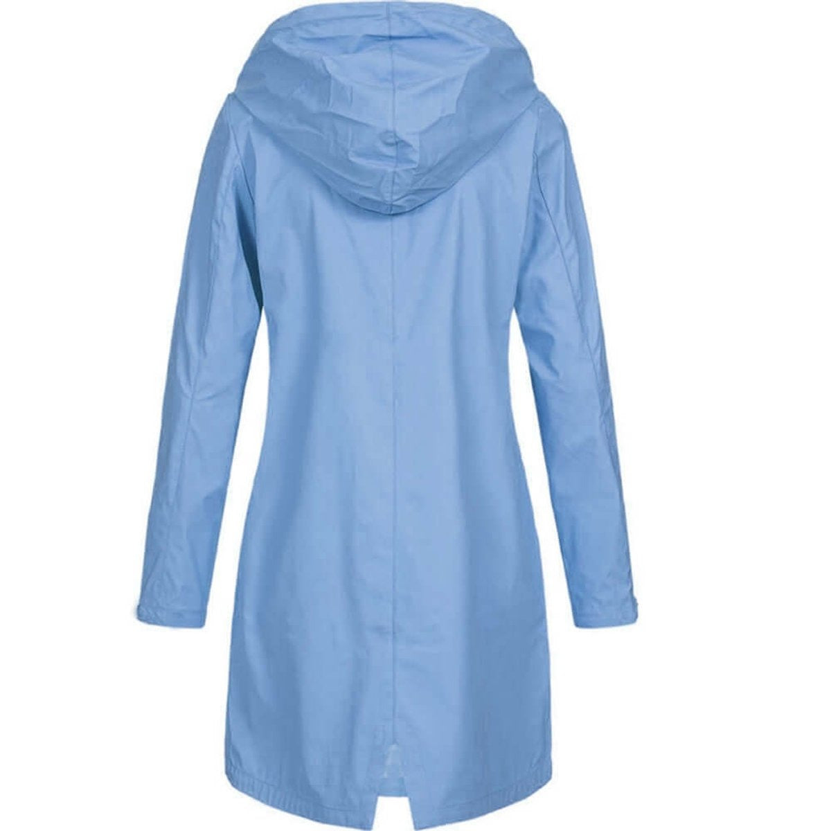 Lichtblauwe lange regenjas, achteraanzicht | Boutique Moda