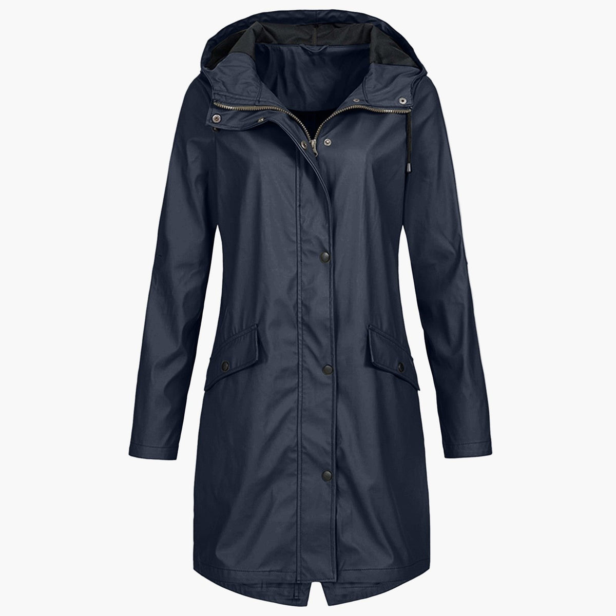 Marineblauwe lange regenjas met capuchon, vooraanzicht | Boutique Moda
