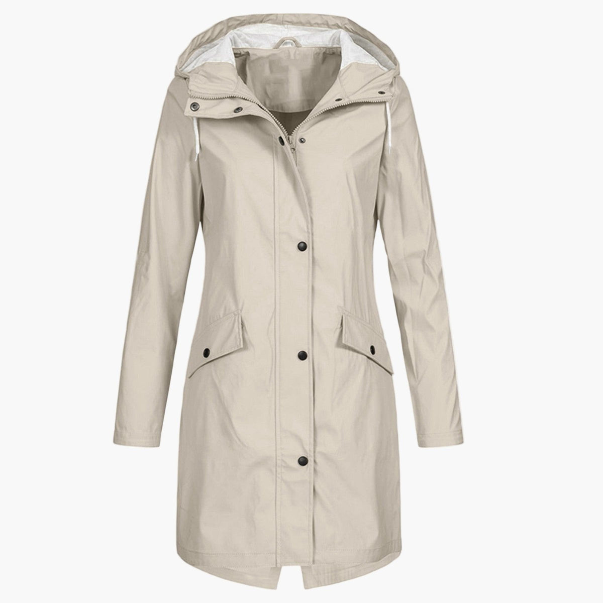 Beige lange regenjas met capuchon, vooraanzicht | Boutique Moda