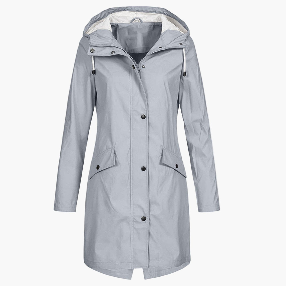Lichtgrijze lange regenjas met capuchon, vooraanzicht | Boutique Moda