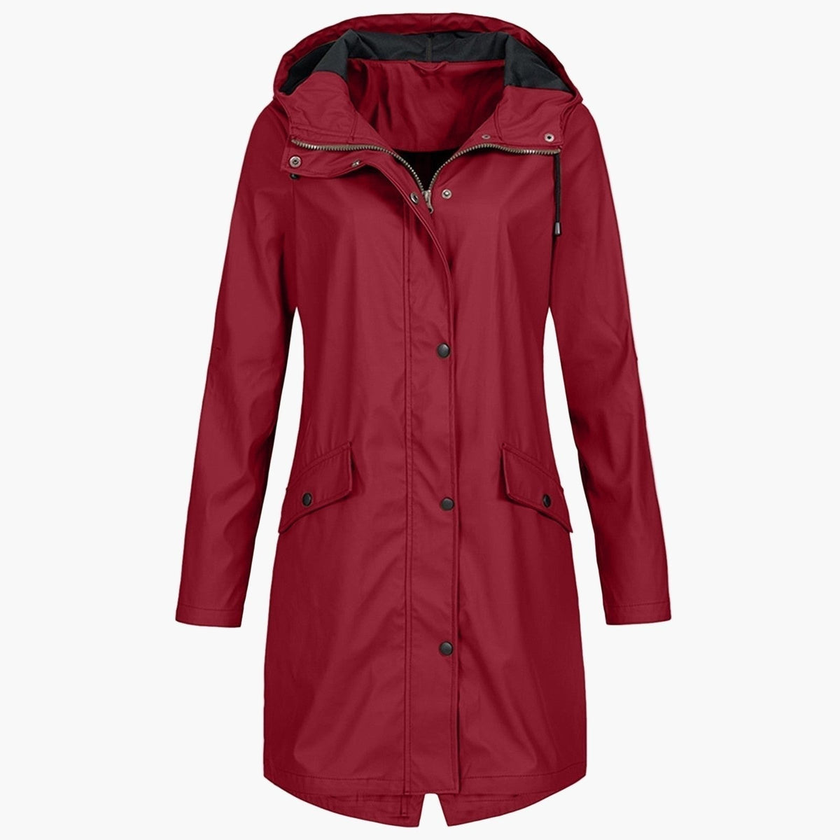 Bordeaux lange regenjas met capuchon, vooraanzicht | Boutique Moda