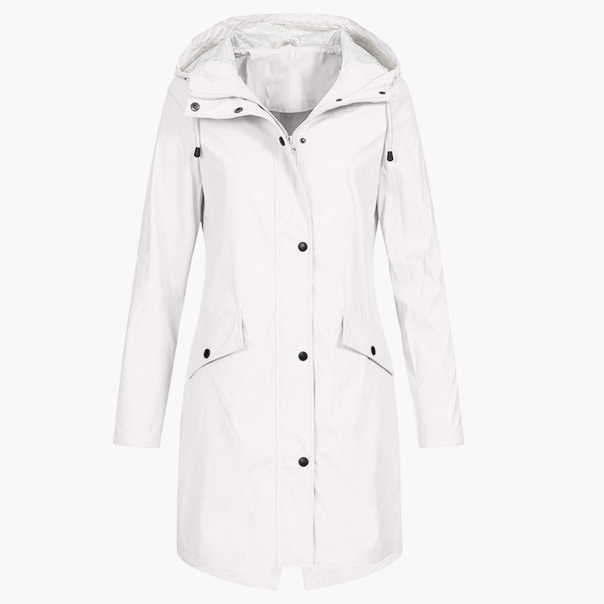 Witte lange regenjas met capuchon, vooraanzicht | Boutique Moda