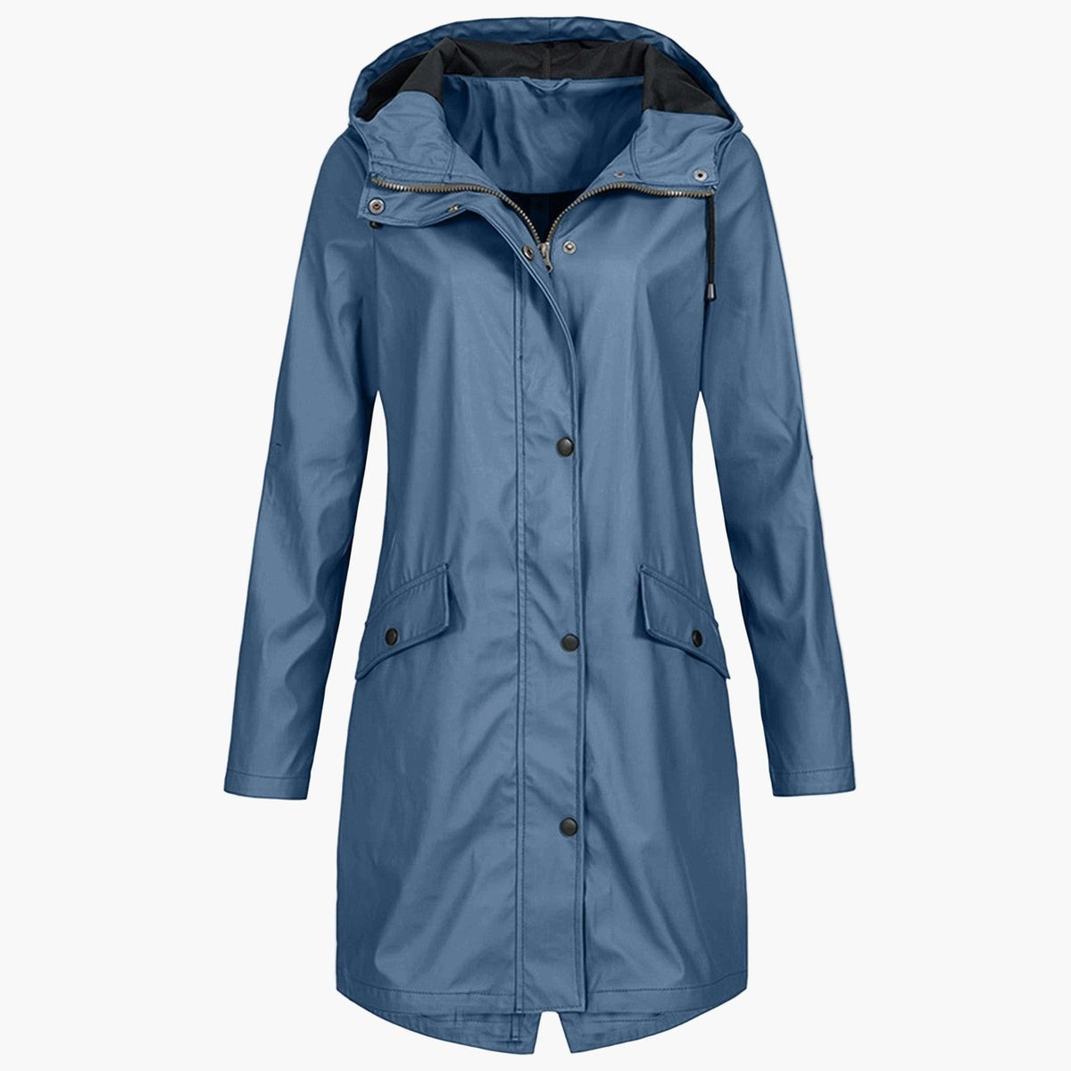 Staalblauwe lange regenjas met capuchon, vooraanzicht | Boutique Moda