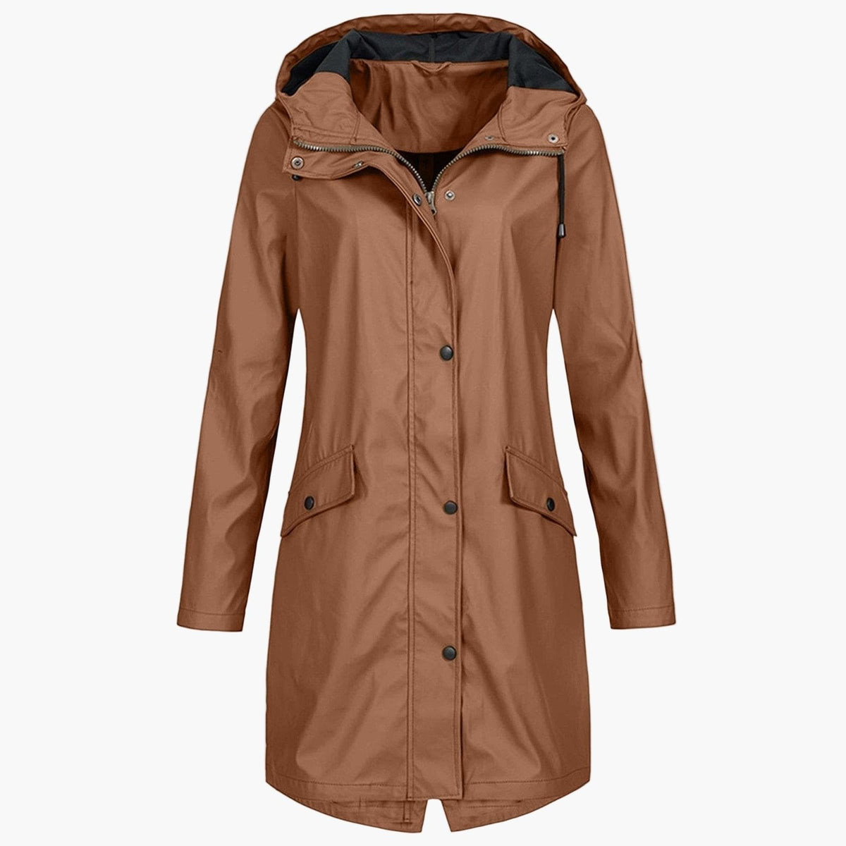 Bruine lange regenjas met capuchon, vooraanzicht | Boutique Moda