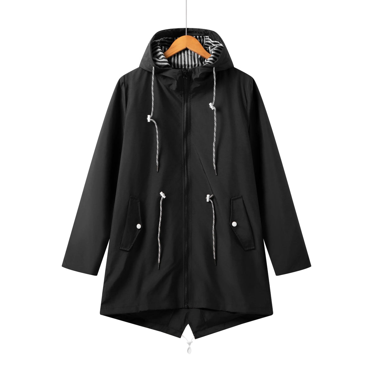 Lange regenjas in zwart met capuchon en rits | Boutique Moda