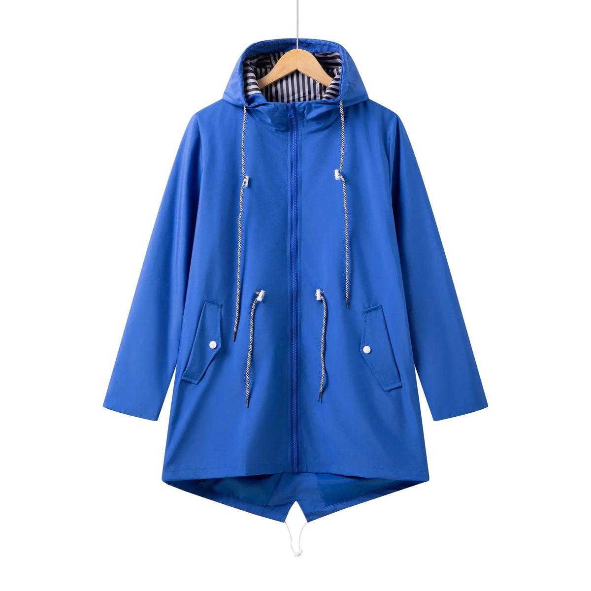 Lange regenjas in kobaltblauw met capuchon en rits | Boutique Moda