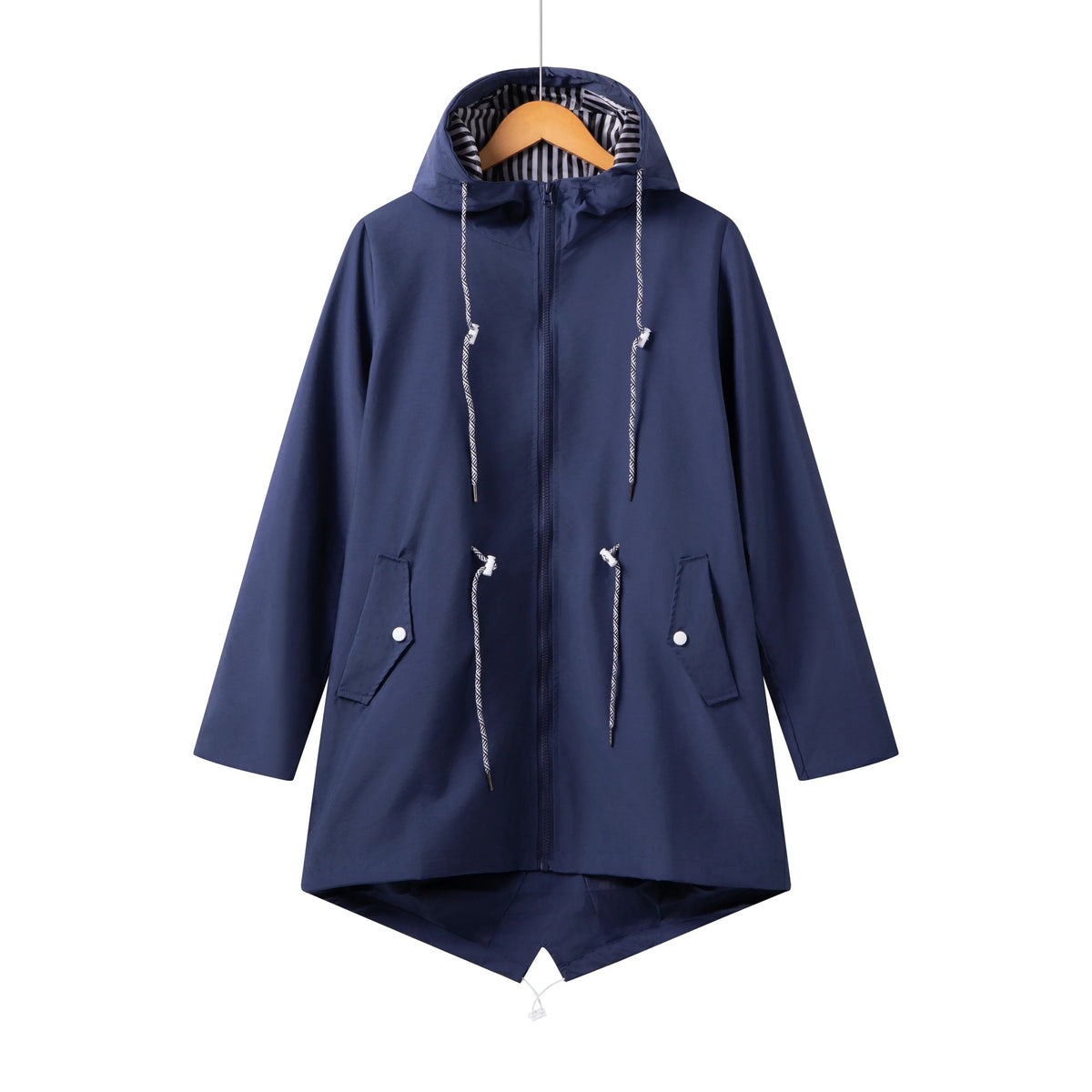 Lange regenjas in marineblauw met capuchon en rits | Boutique Moda