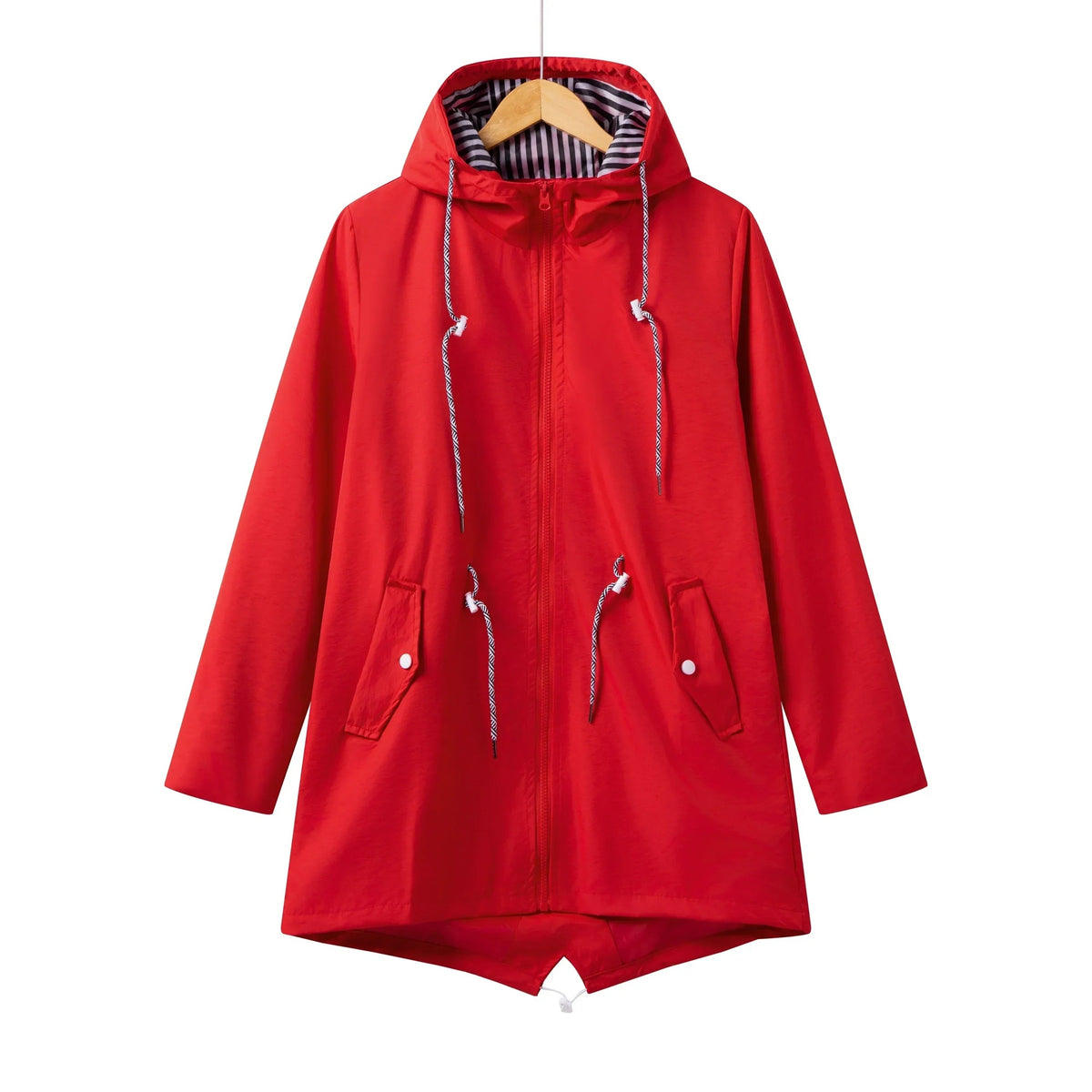 Lange regenjas in rood met capuchon en rits | Boutique Moda