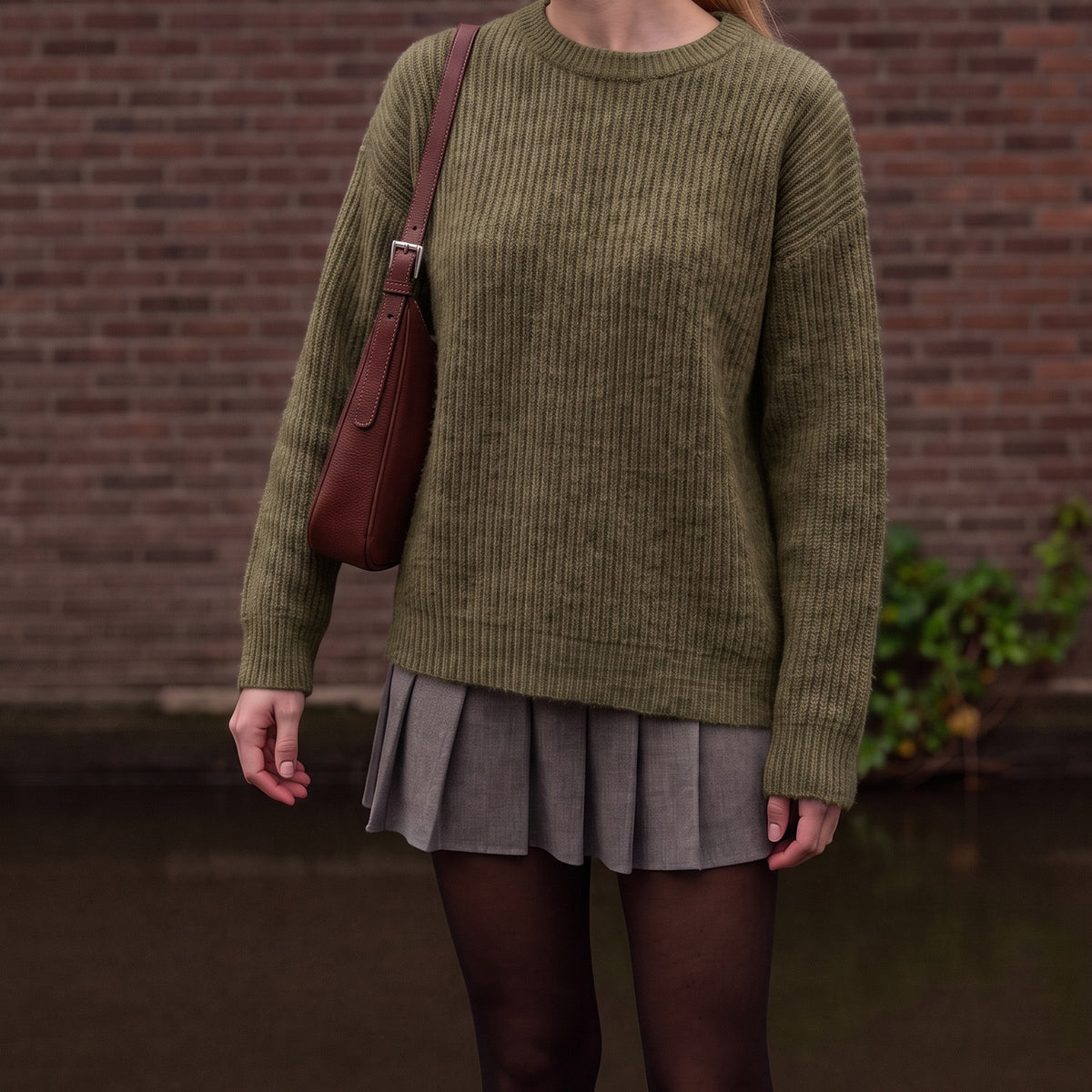Losse ribgebreide trui in olijfgroen met ronde hals | Boutique Moda