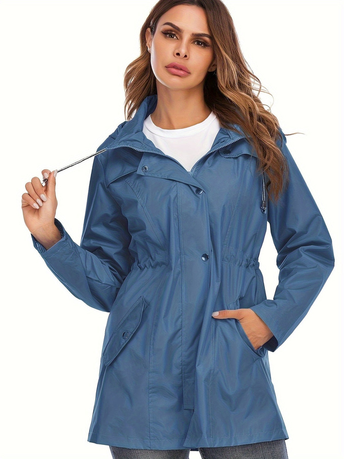 Halflange regenjas in jeansblauw met capuchon en taillekoord | Boutique Moda
