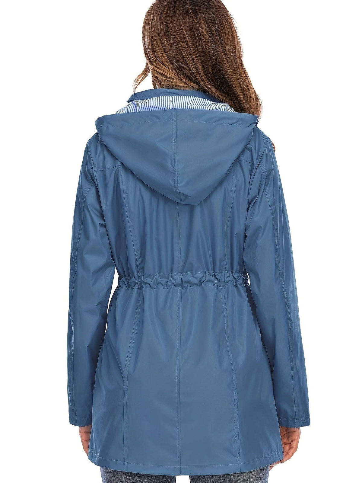 Achterkant van de regenjas in jeansblauw met capuchon | Boutique Moda