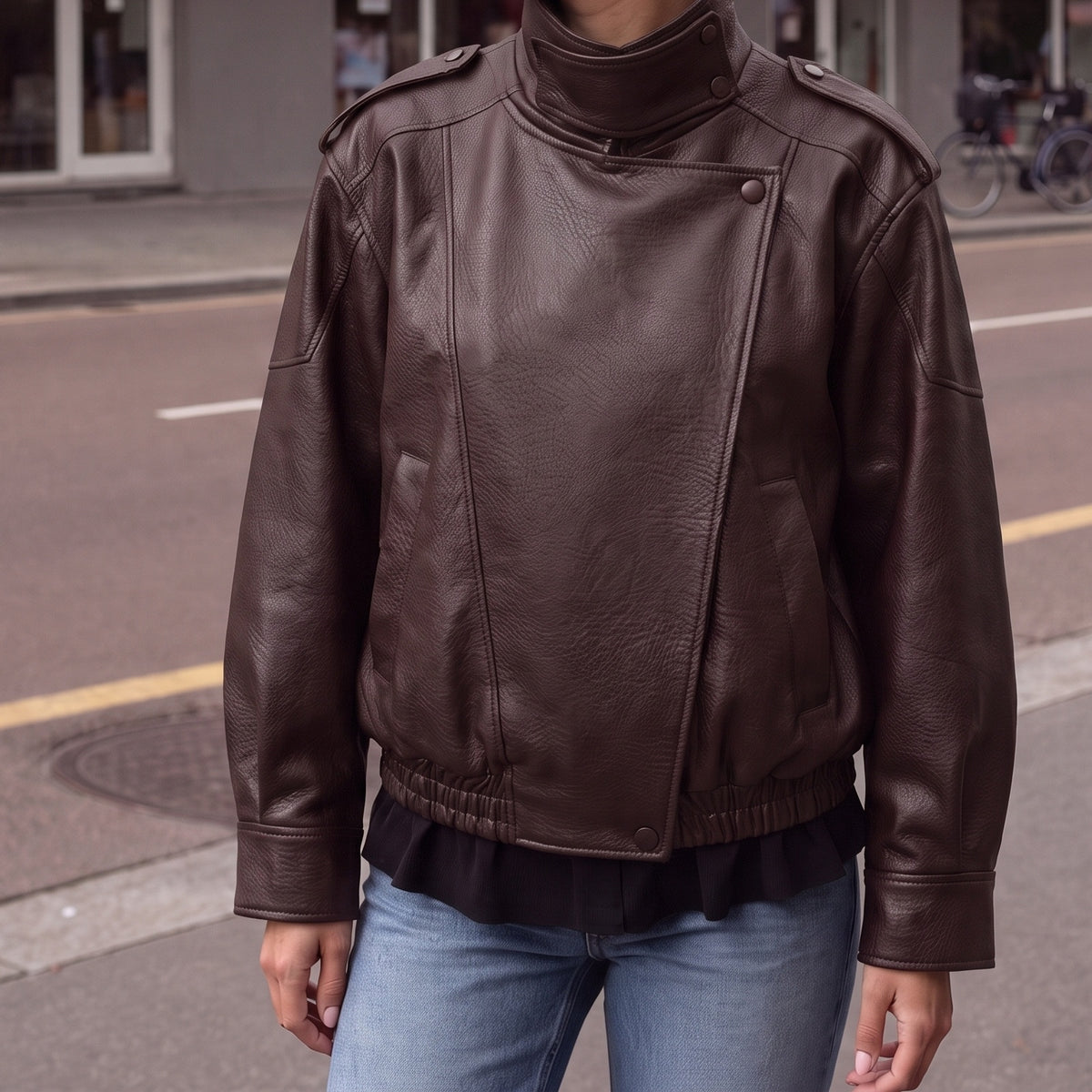 Oversized bikerjack in bruin van imitatieleer met opstaande kraag | Boutique Moda