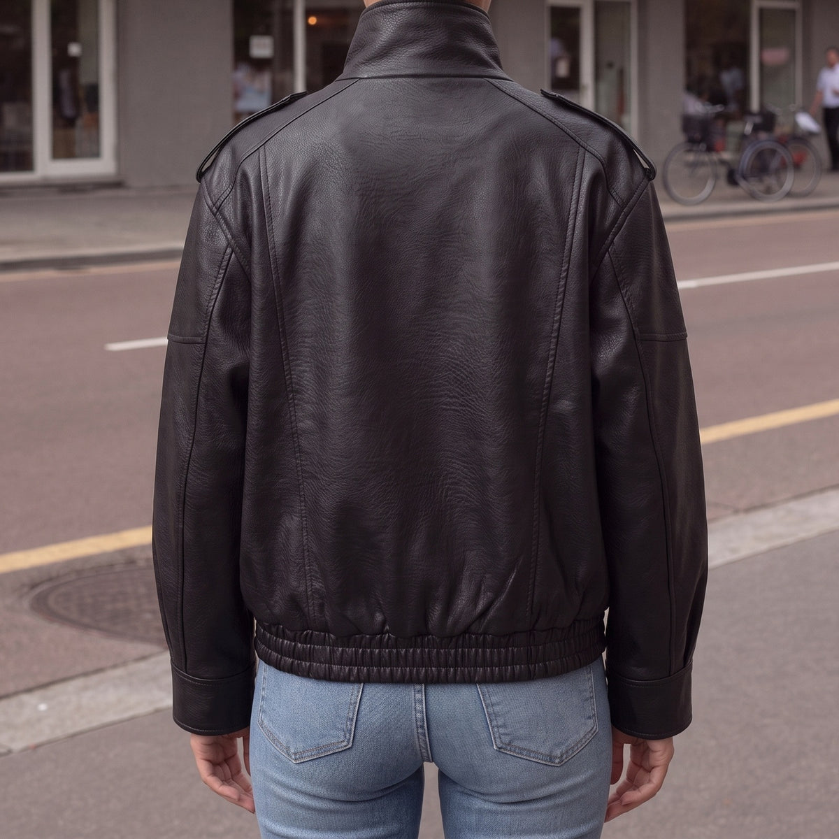 Achterkant van de zwarte bikerjack van imitatieleer | Boutique Moda