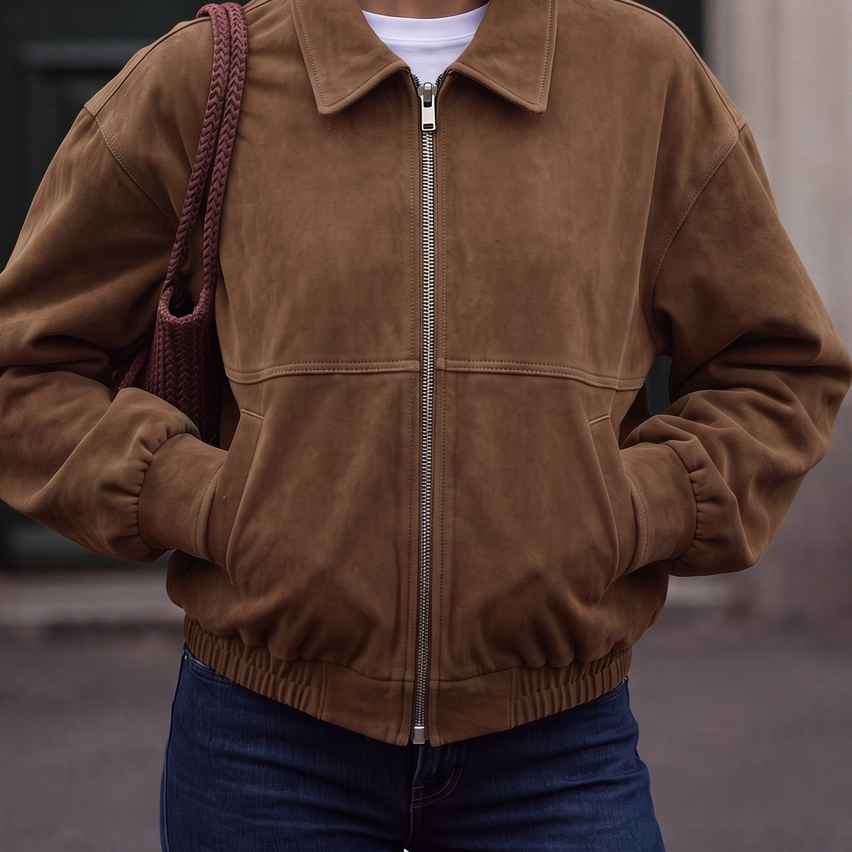 Bomberjack in koffiebruin met suède-look en kraag | Boutique Moda