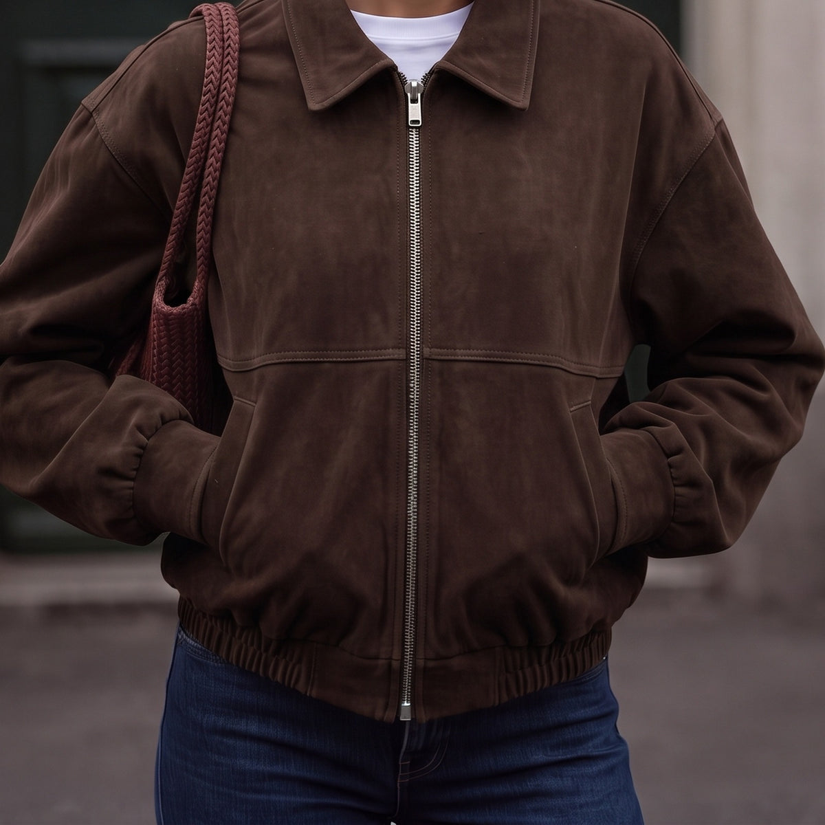 Bomberjack in chocoladebruin met suède-look en kraag | Boutique Moda
