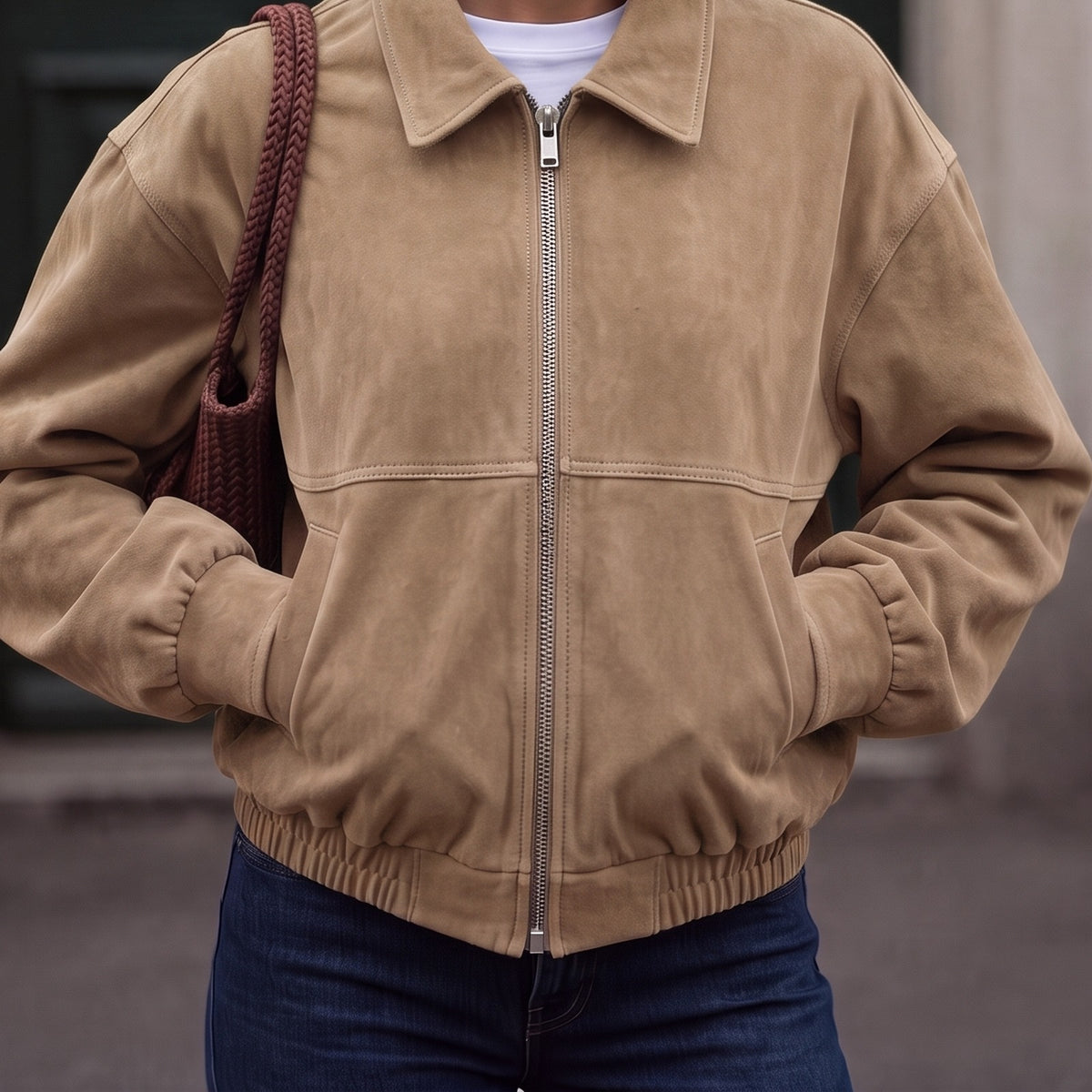 Bomberjack in beige met suède-look en kraag | Boutique Moda