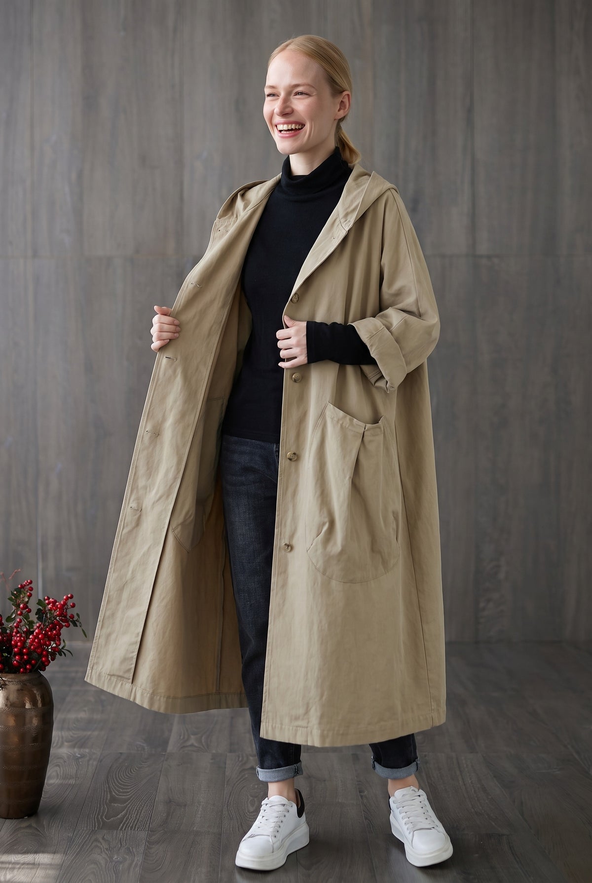Khaki lange oversized jas, ten voeten uit | Boutique Moda