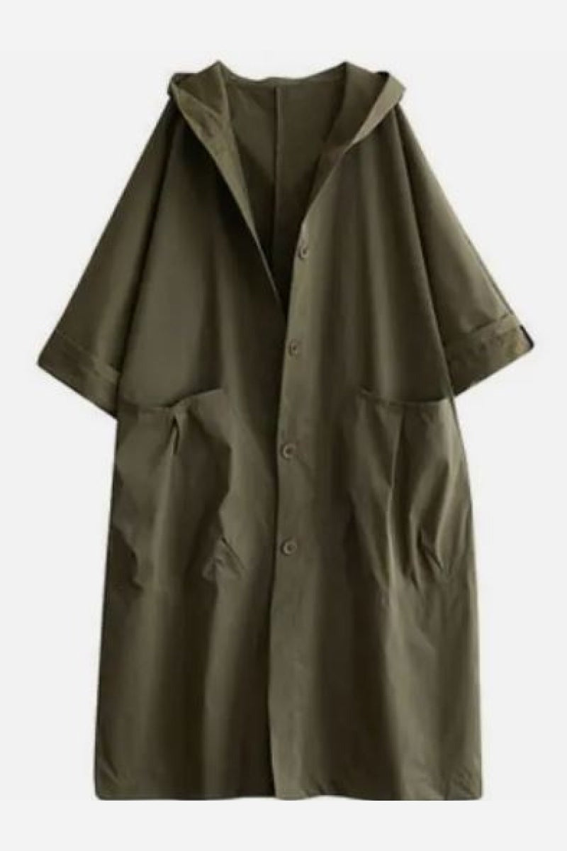 Legergroene oversized jas met capuchon, plat neergelegd | Boutique Moda