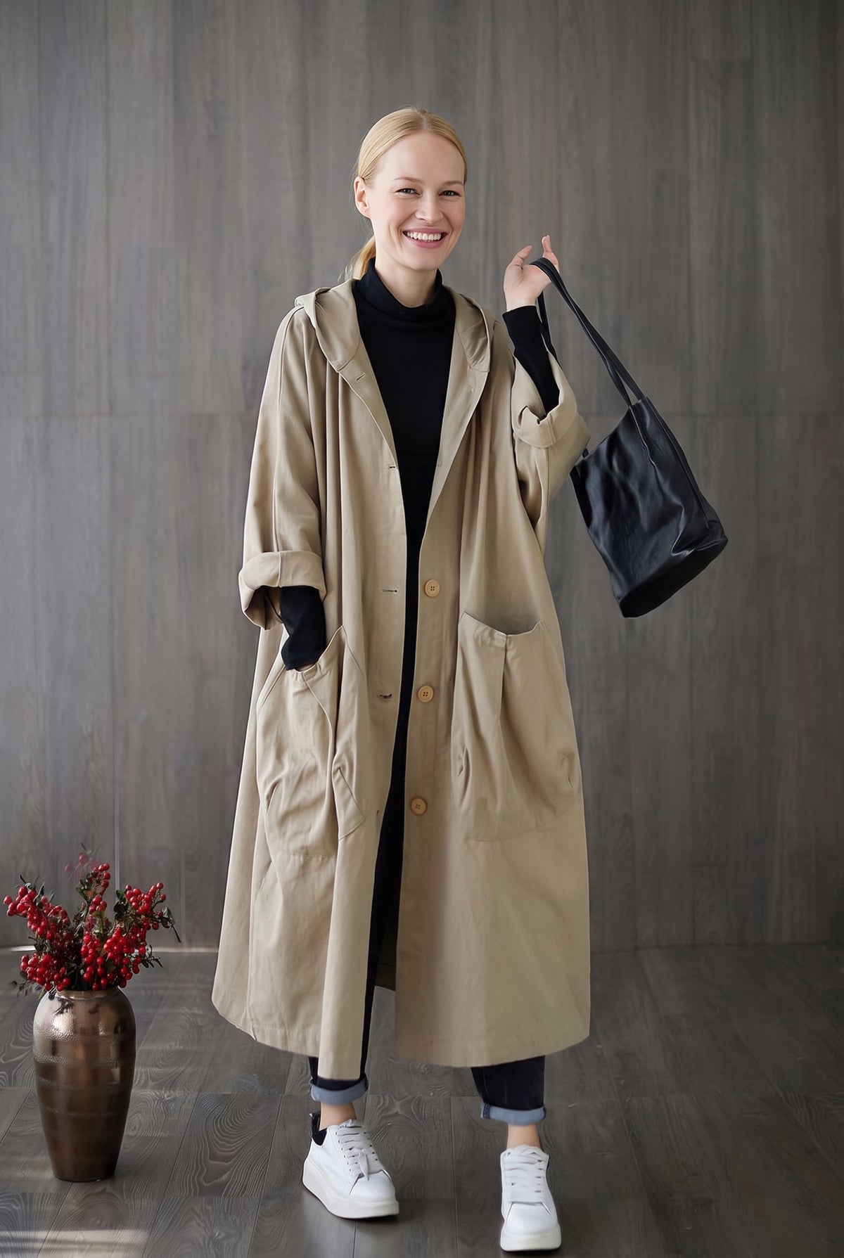 Khaki oversized jas met een zwarte tas | Boutique Moda
