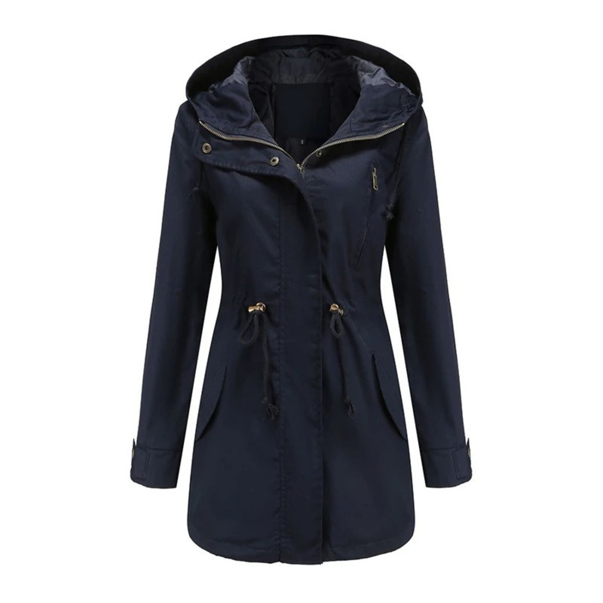 Marineblauwe parka met capuchon en taillekoord | Boutique Moda
