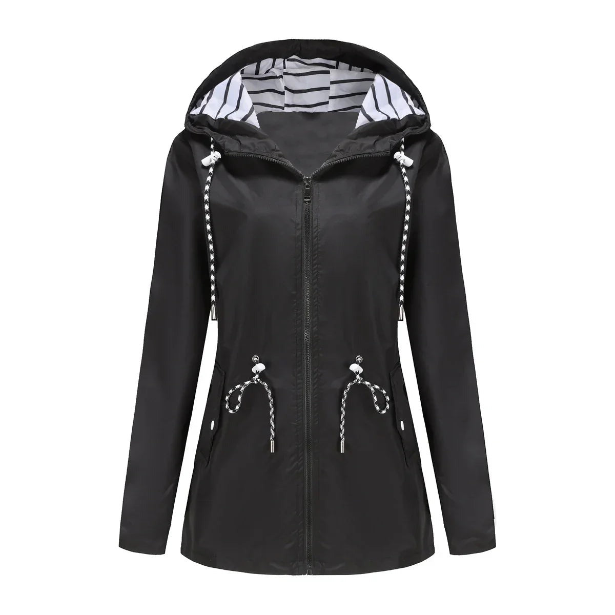 Zwarte regenjas met capuchon en koorden, liggend | Boutique Moda