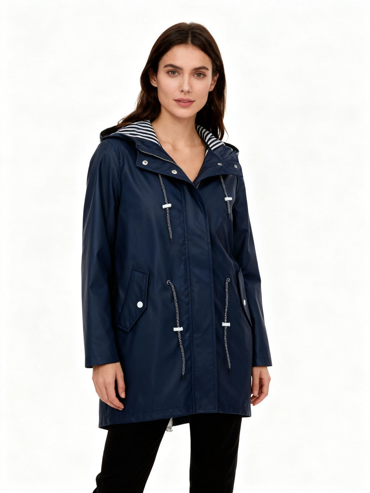 Marineblauwe regenjas met gestreepte capuchonvoering en trekkoorden | Boutique Moda