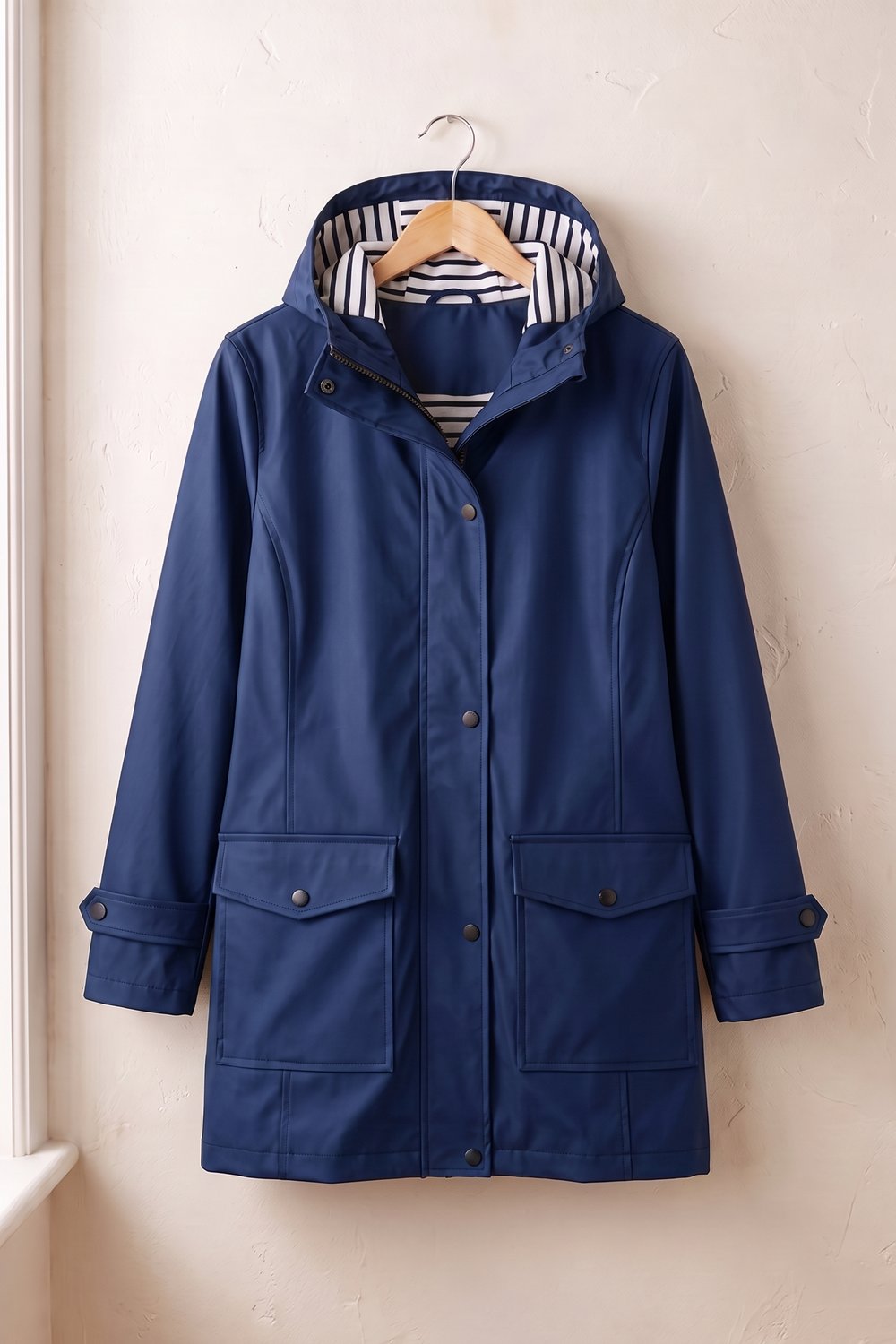 Donkerblauwe regenjas met capuchon