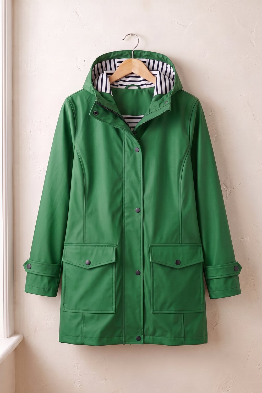 Groene regenjas met capuchon