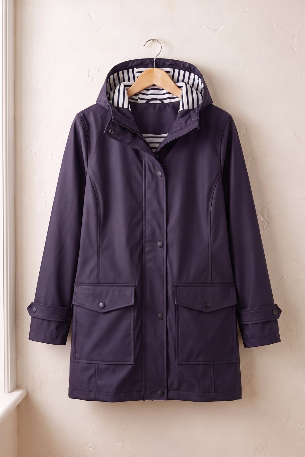 Paarse regenjas met capuchon