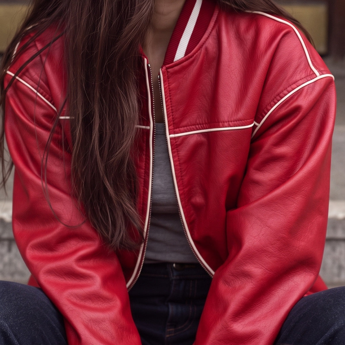 Close-up van de witte contrastbies op het rode bomberjack | Boutique Moda