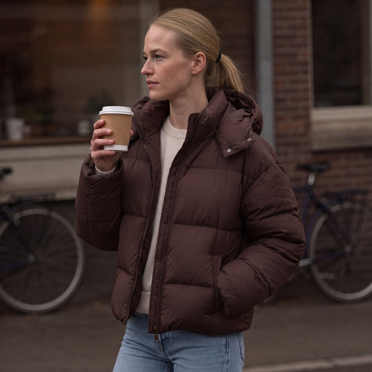 Vrouw in de korte pufferjas met capuchon in bruin | Boutique Moda