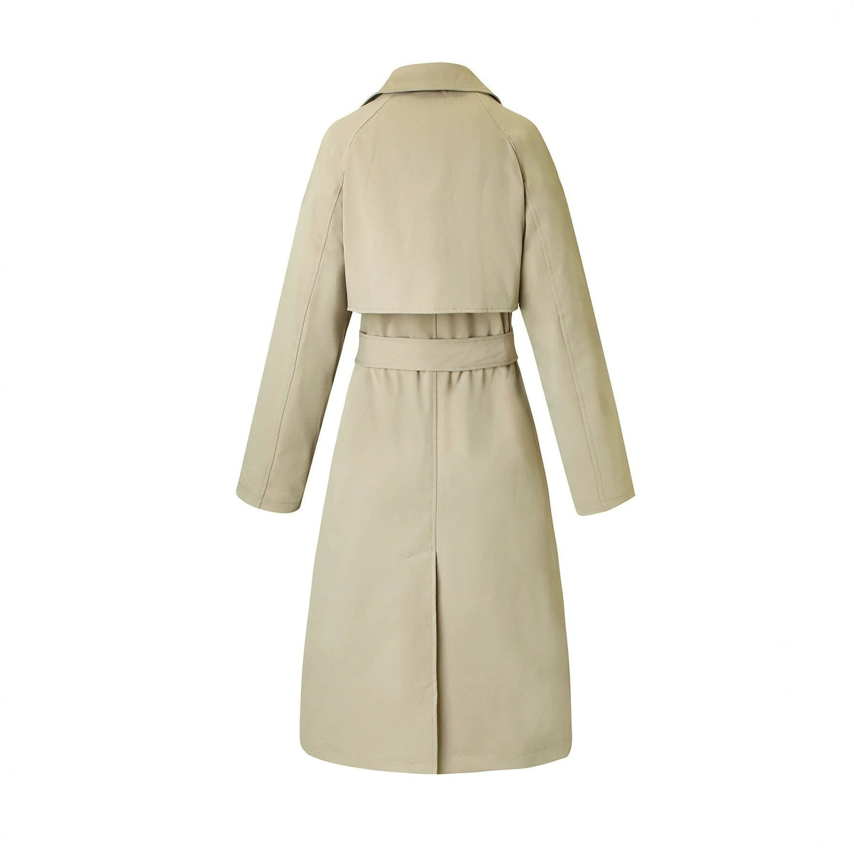 Achterkant van de beige trenchcoat met stormflap en split | Boutique Moda
