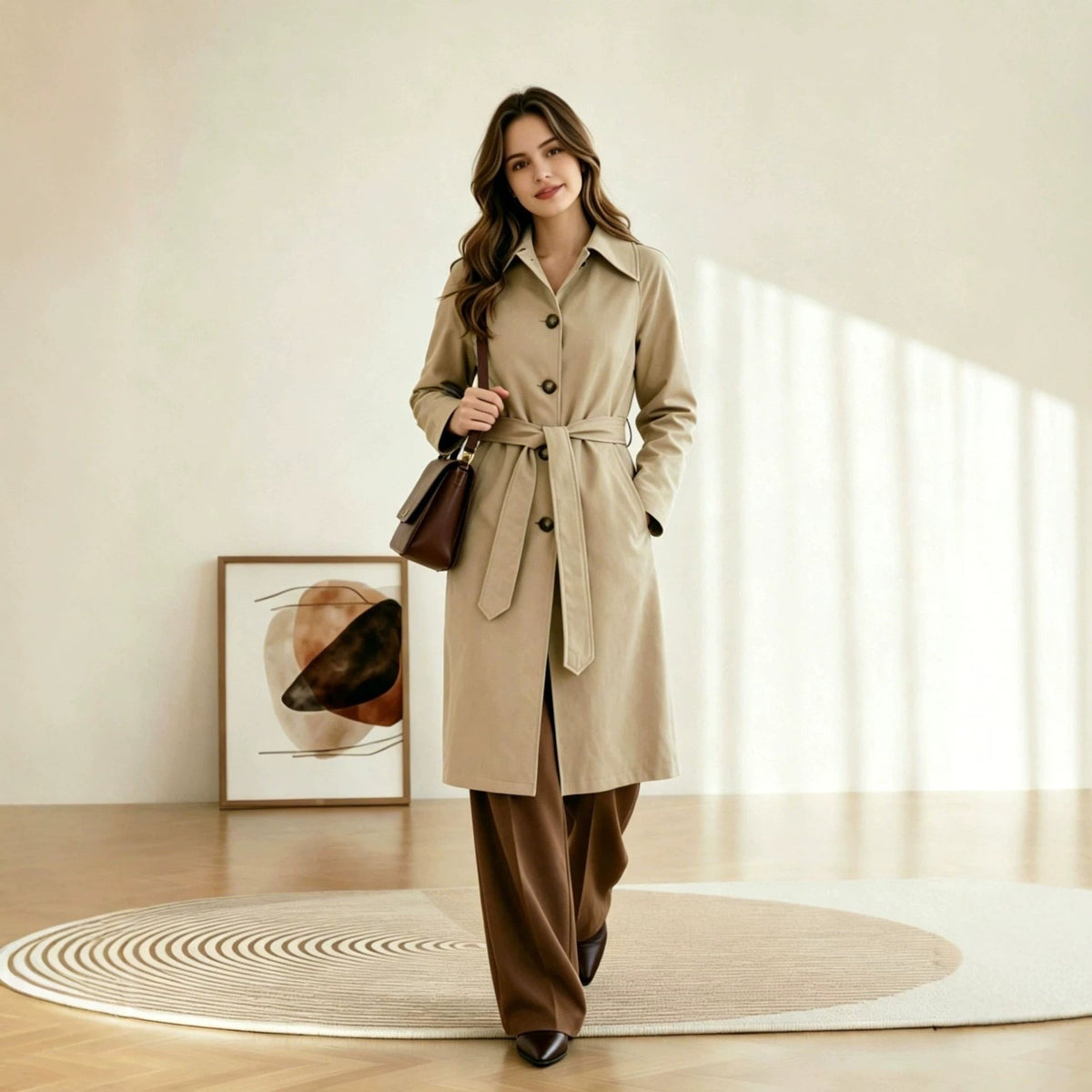 Beige trenchcoat met ceintuur op een wijde broek | Boutique Moda