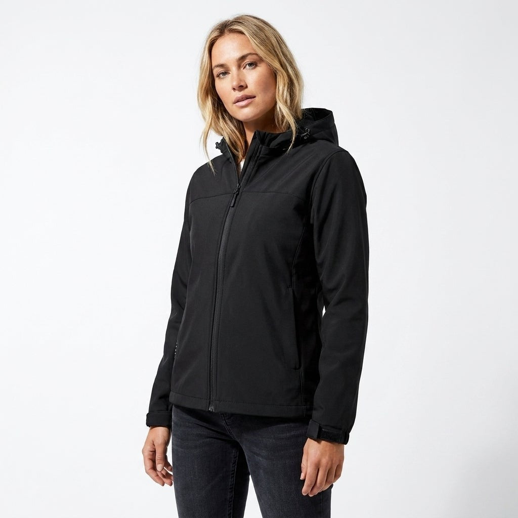 Zwarte softshelljas met capuchon, dicht | Boutique Moda