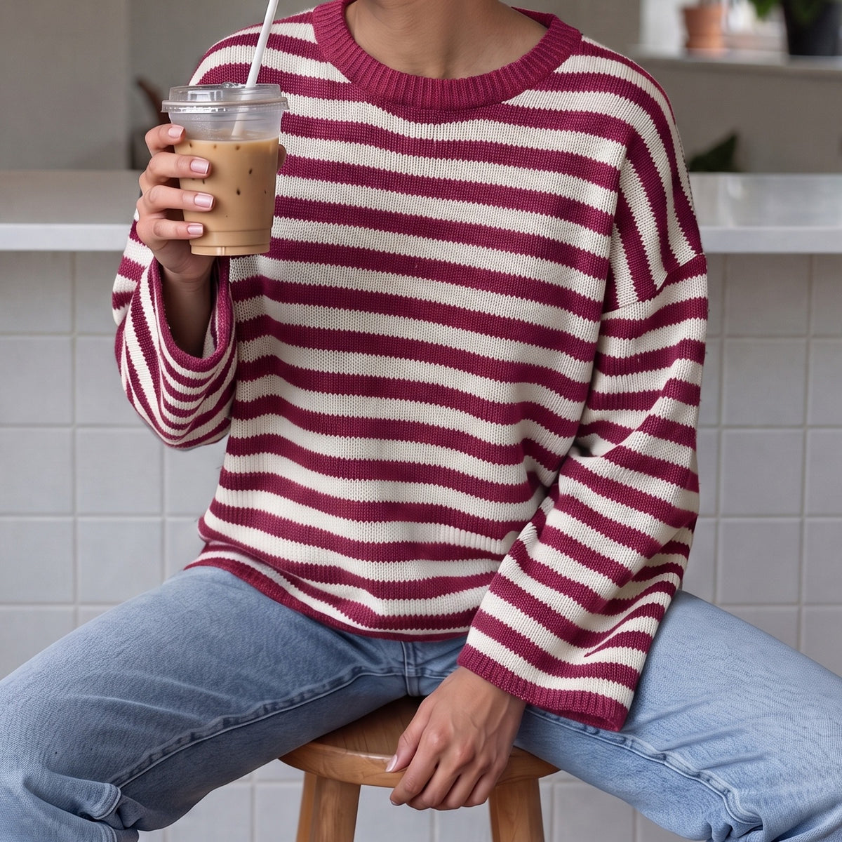 Gestreepte oversized trui in roze met ronde hals | Boutique Moda