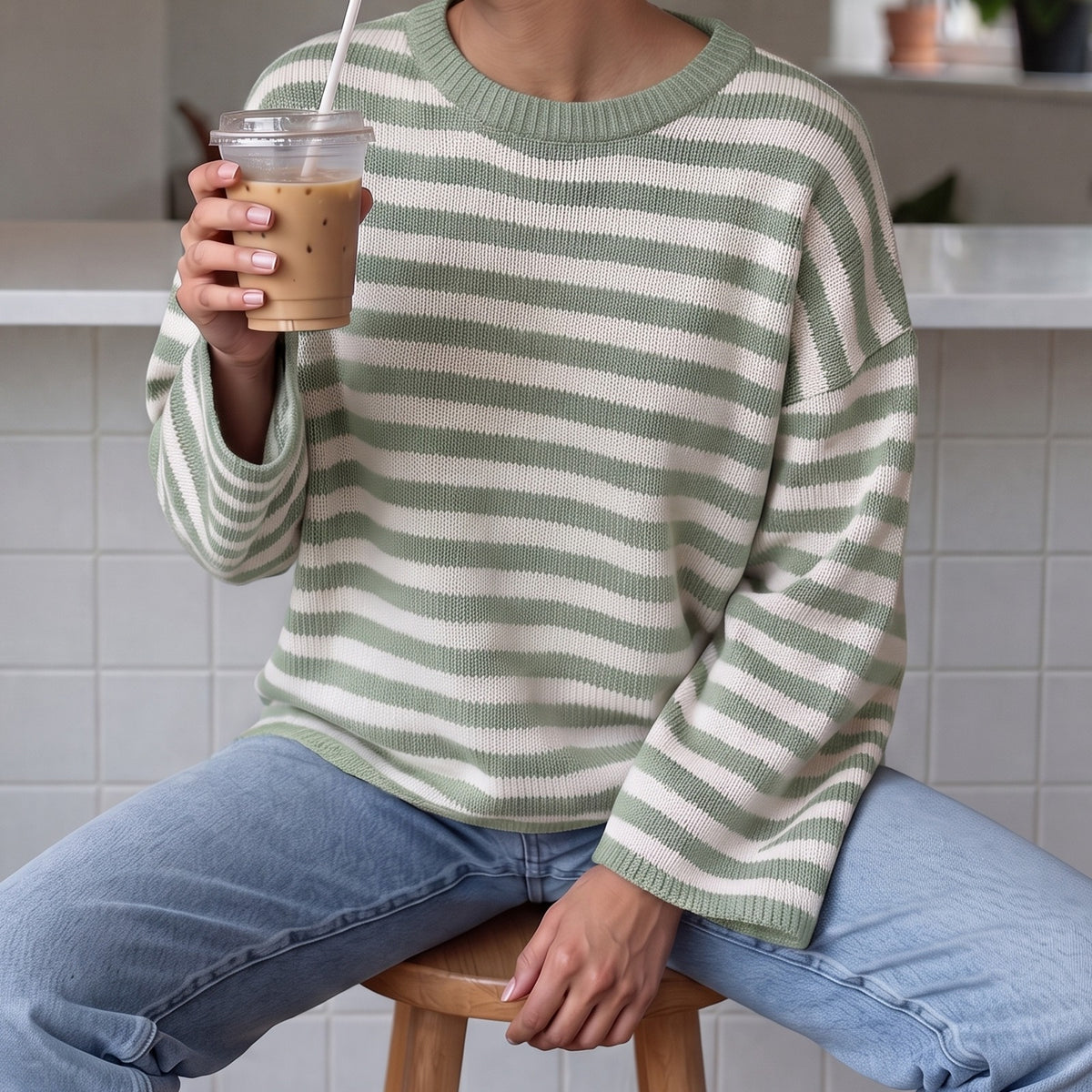 Gestreepte oversized trui in saliegroen met ronde hals | Boutique Moda