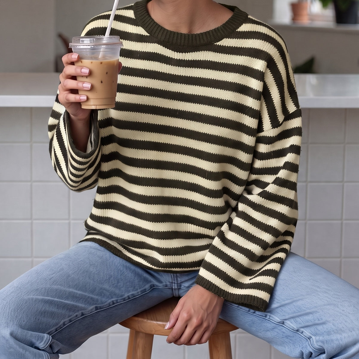 Gestreepte oversized trui in olijf met ronde hals | Boutique Moda