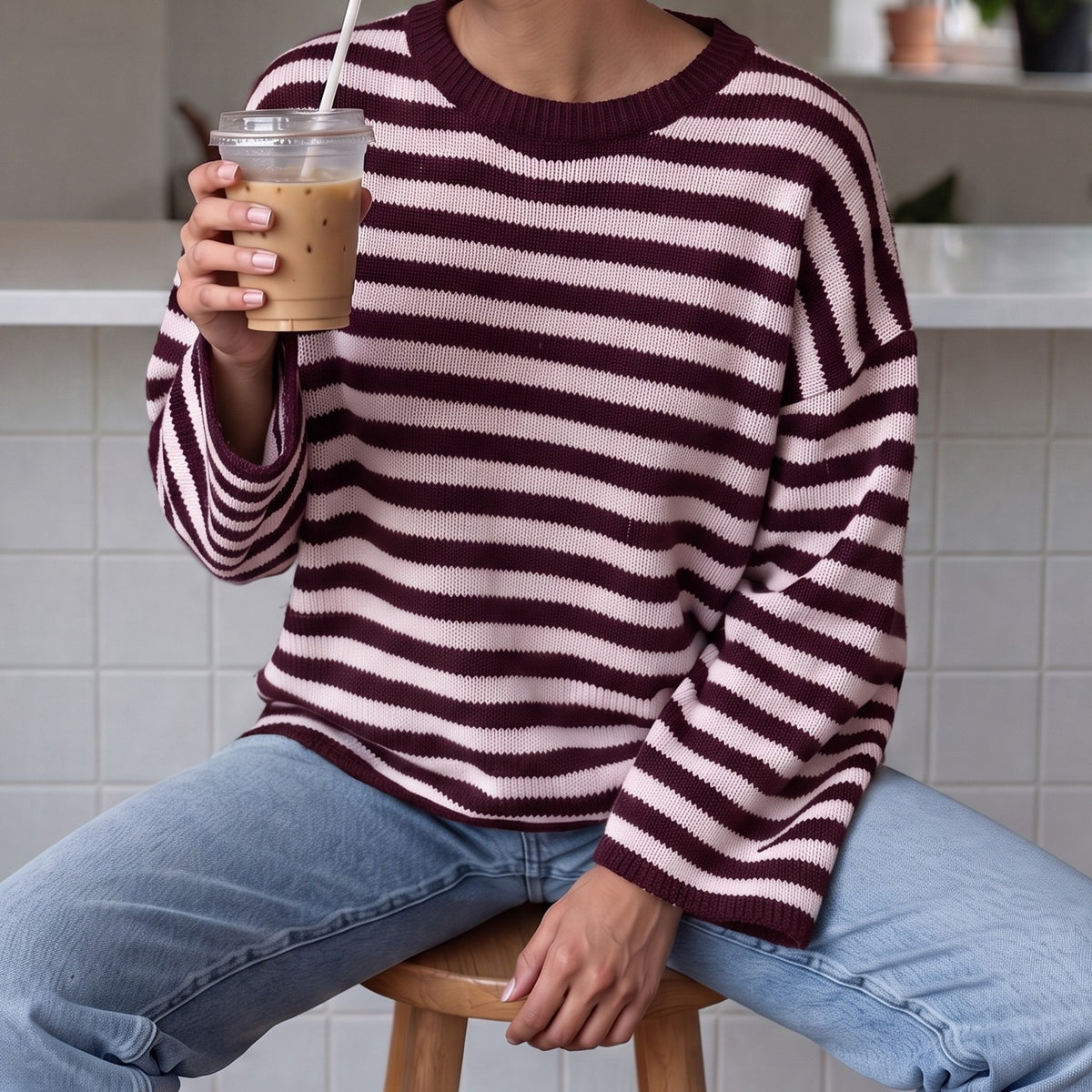 Gestreepte oversized trui in bordeaux met ronde hals | Boutique Moda