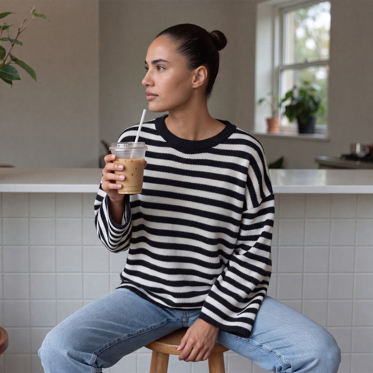 Vrouw in de zwart-wit gestreepte trui in een café | Boutique Moda