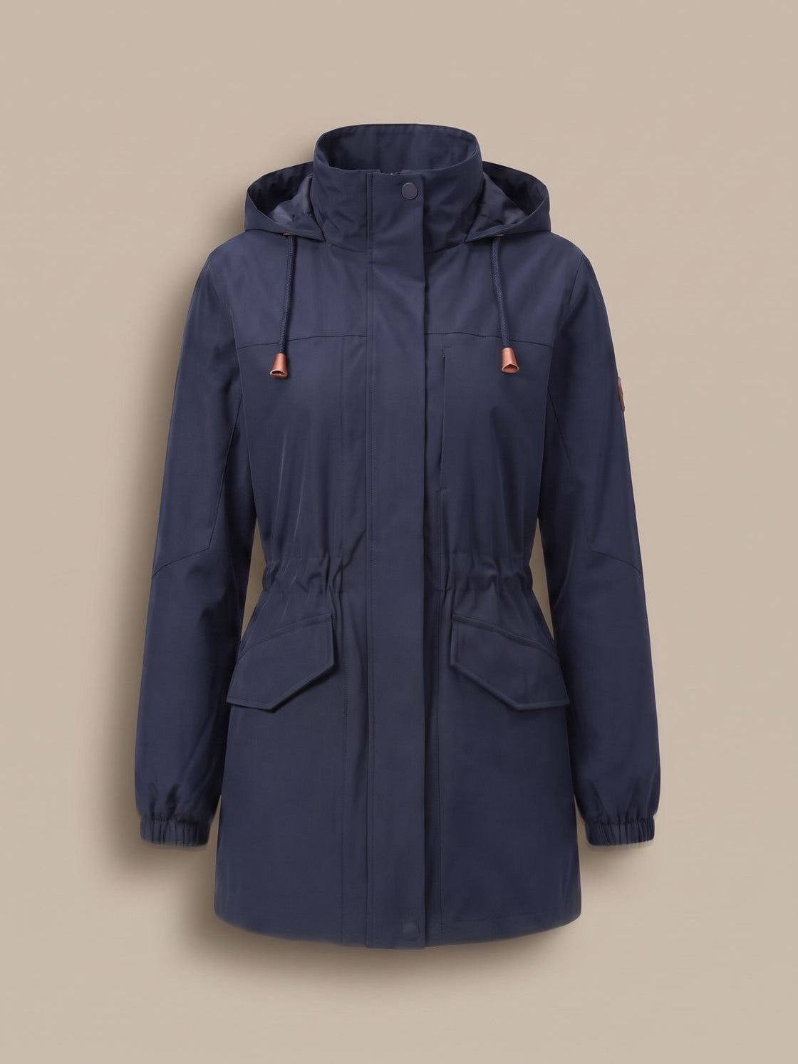 Waterafstotende parka in donkerblauw met capuchon, taillekoord en klepzakken | Boutique Moda
