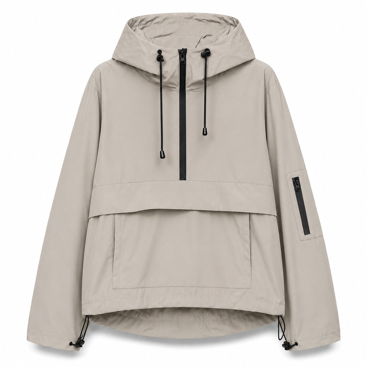 Anorak in steengrijs met capuchon, halve rits en buidelzak | Boutique Moda