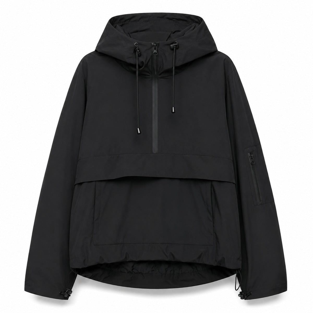 Anorak in zwart met capuchon, halve rits en buidelzak | Boutique Moda