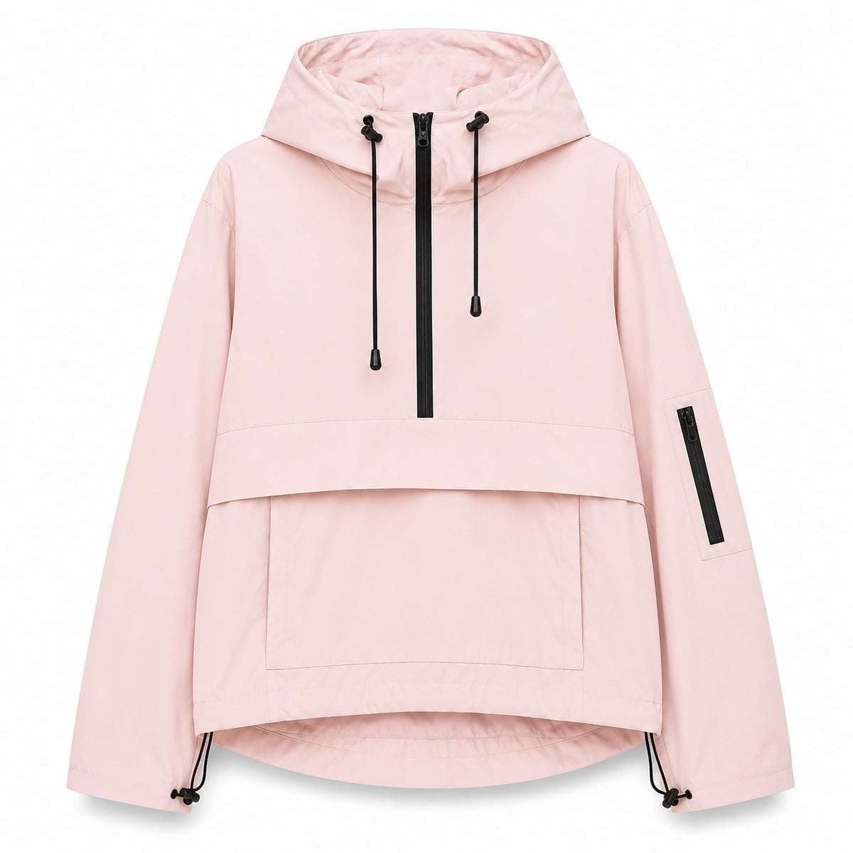 Anorak in lichtroze met capuchon, halve rits en buidelzak | Boutique Moda