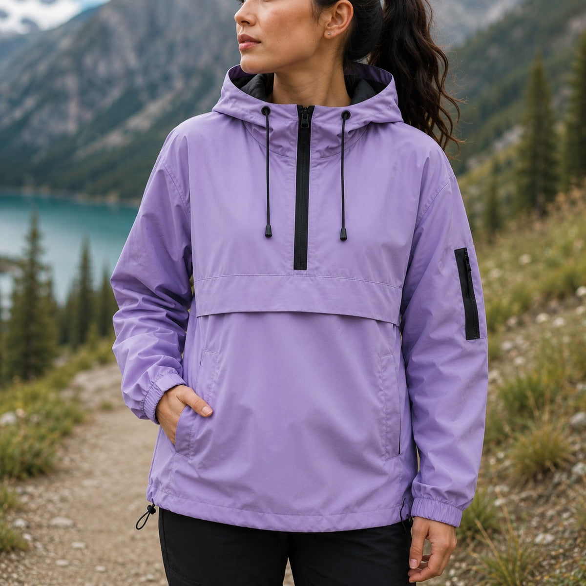 Lila anorak op een bergpad | Boutique Moda